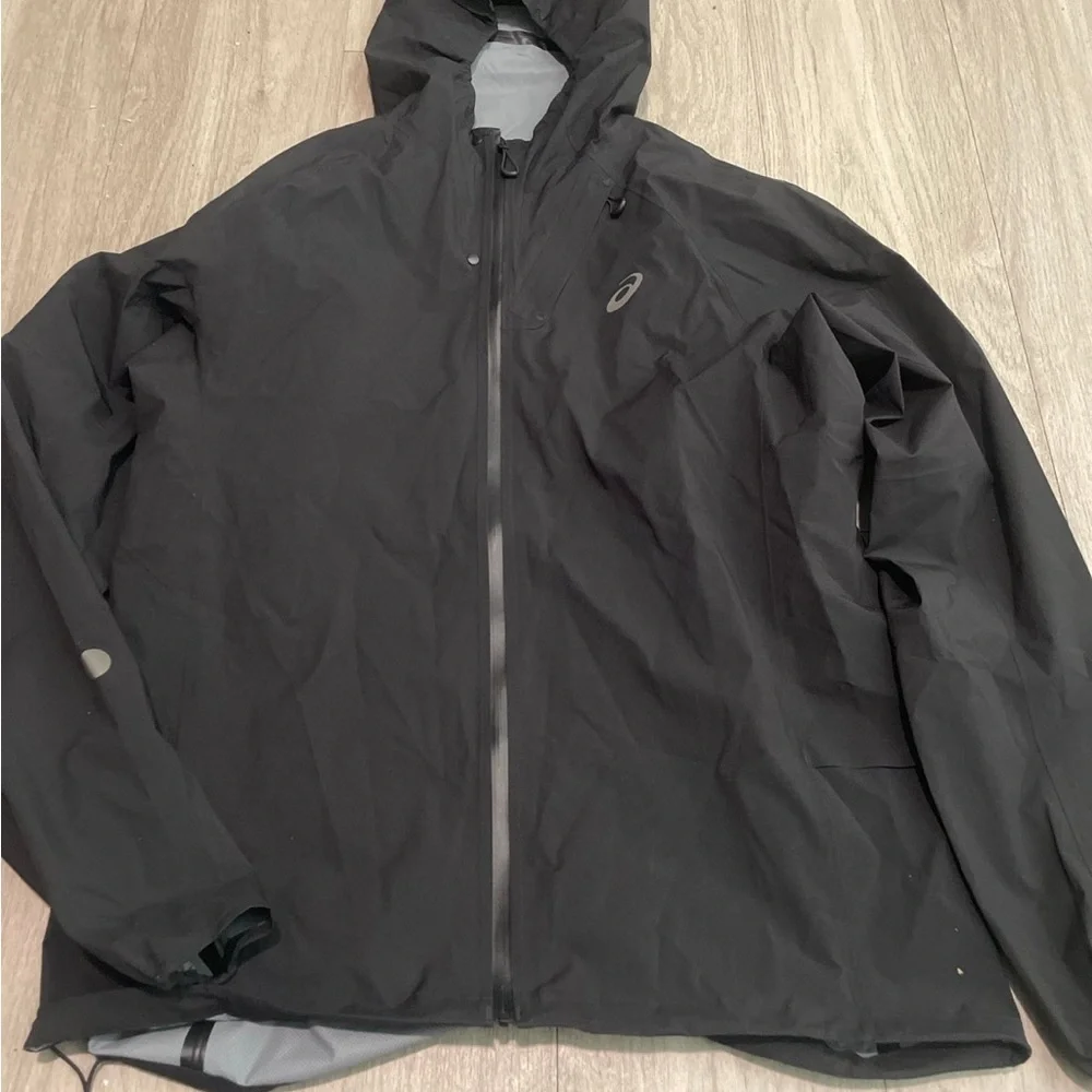 Asics Black Hooded Rain Jacket with Reflective Logo - Picture 1 of 3